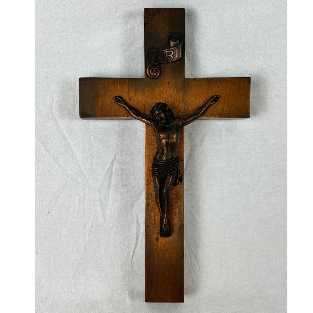 Vtg‎ Copper Crucifix Cross Jesus Corpus Last Rights Box Catholic Wall Sick Call
